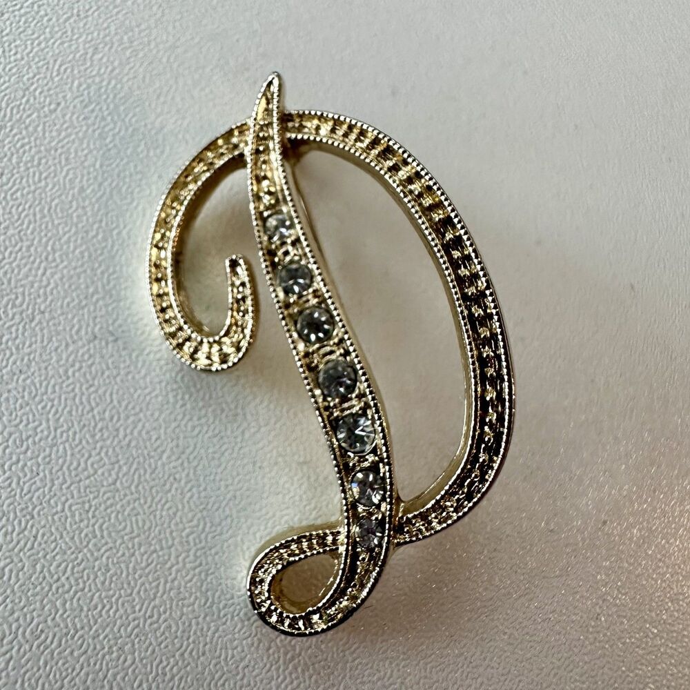 Vintage Letter D Brooch Pin Gold Tone Rhinestone Gem Jewelry Alphabet Initial
